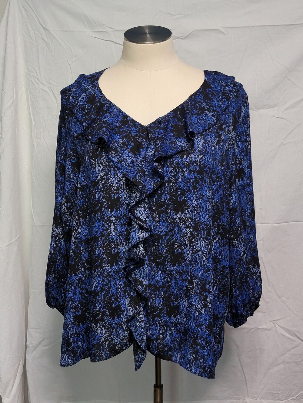 Women's Blue And Black Ruffled V-Neck Blouse